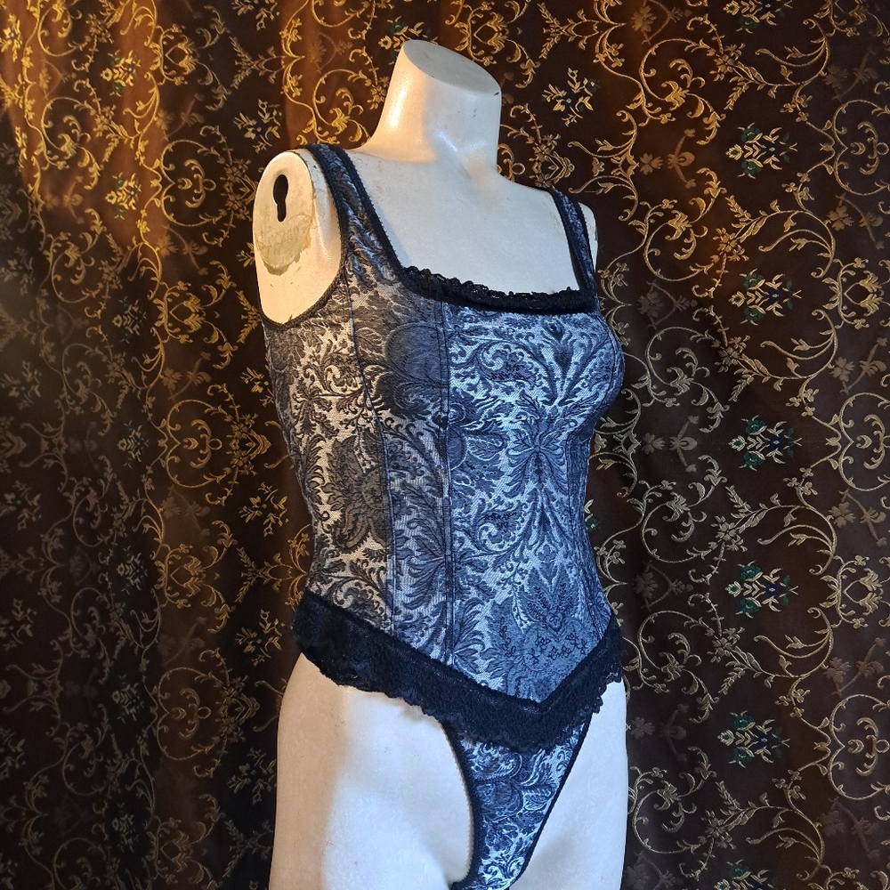 Vintage Arianne Corset bikini Panty Set Gothic Lolita damask print grey silver